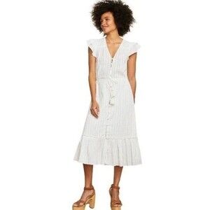 Veronica Beard Tinzia Lurex-Striped Midi Dress White Flutter Sleeve S-4 282063